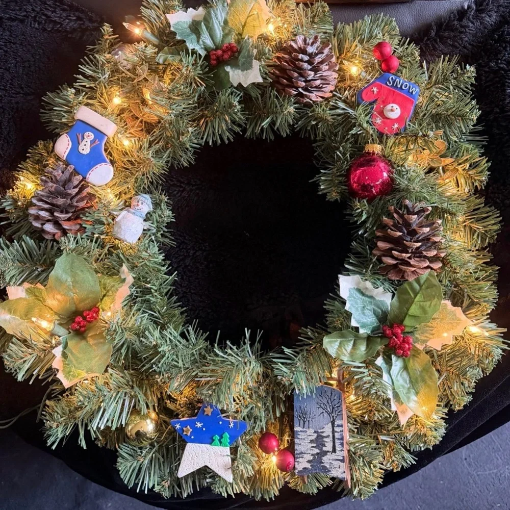 Festive Holiday Wreath with Lights and Ornaments